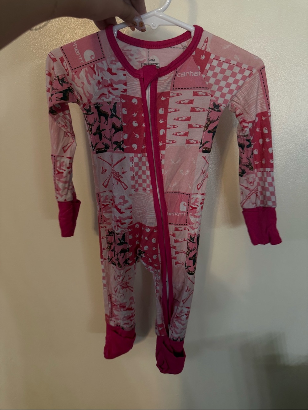 BAMBOO Pink Patchwork Print Footed One-Piece Pajamas